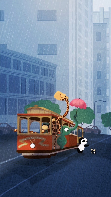 Cable Car Print, Rain Painting, San Francisco Art, Giraffe Painting, California, Wall Decor,  - "Here comes the rain" - Art Print 13x19