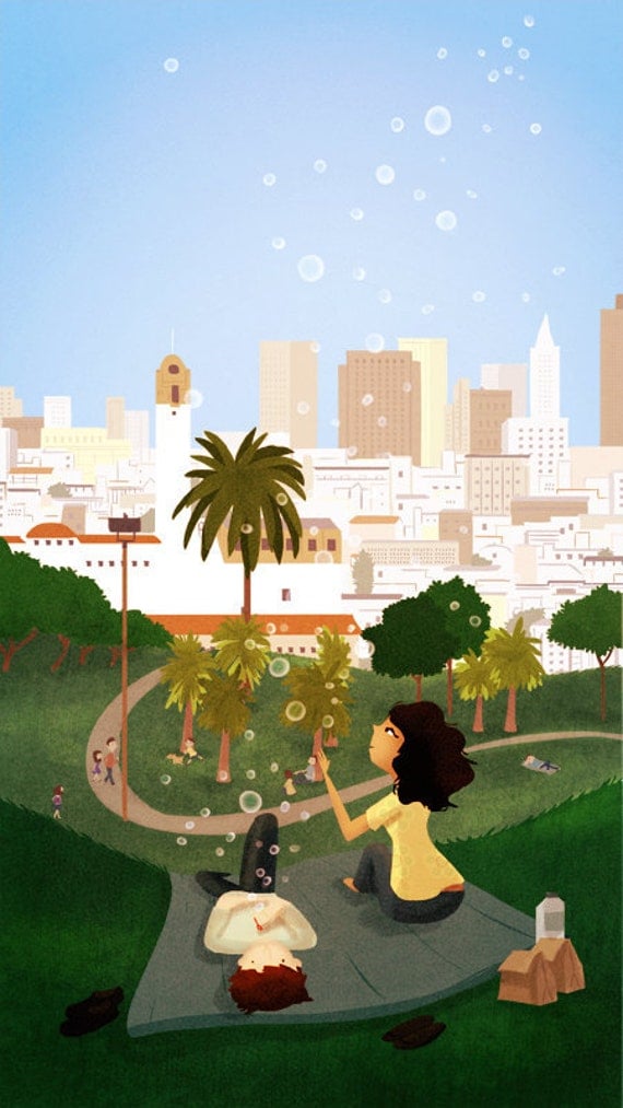 San Francisco Art, Dolores Park Art, California, Wall Decor, Cityscape - "Simple Pleasures" - Art Print 13x19