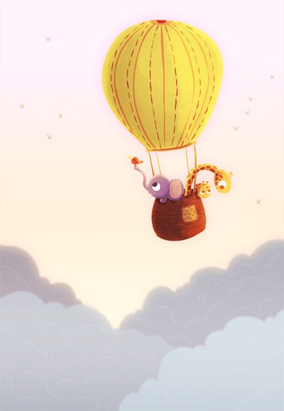 Giraffe, Elephant, Nursery Print, Kids - "Up and away" - Art Print 13x19