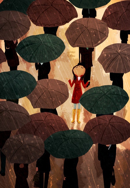 Rainy Painting, Rainy Day, Rain Coat - "City in the rain" - Umbrellas, Prints for Rain Lovers 13x19