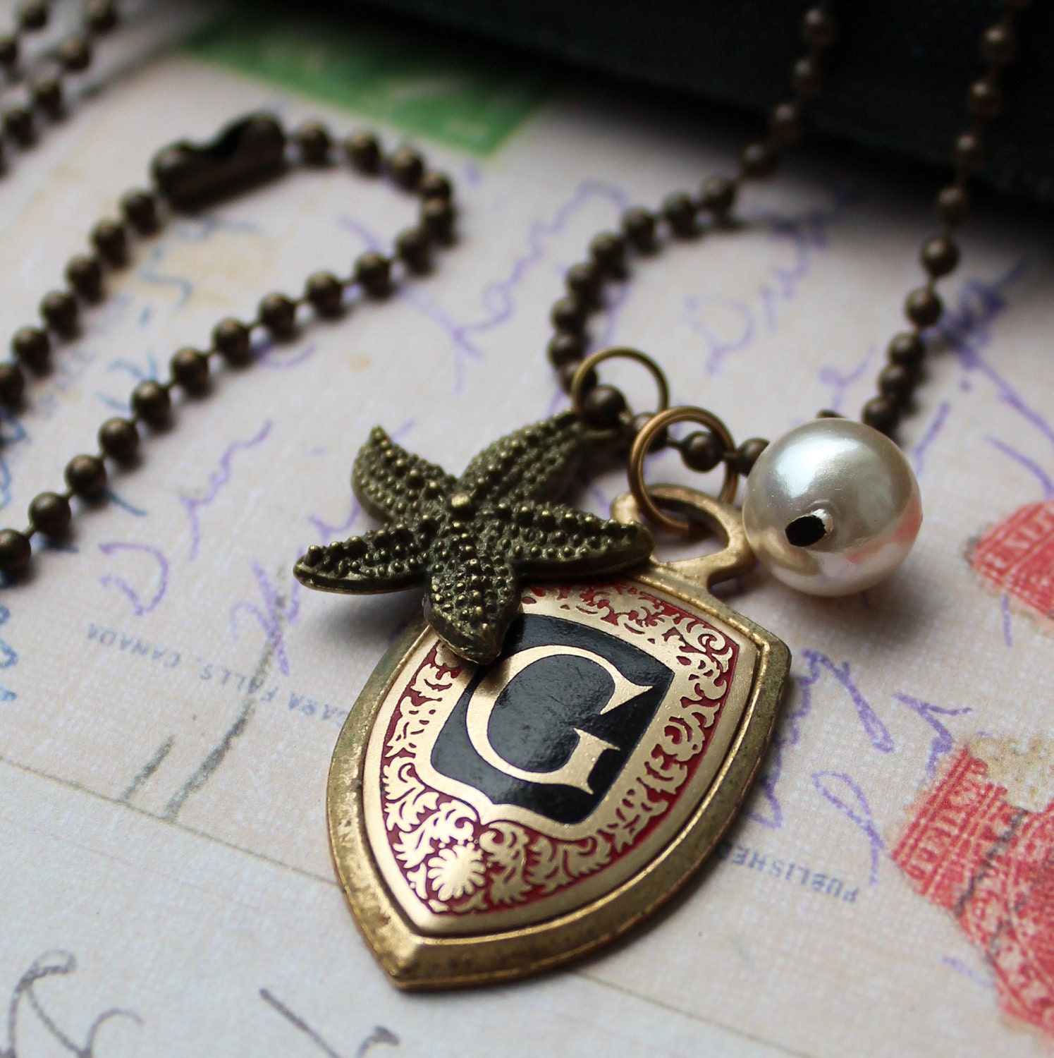Salvaged Vintage Initial Crest Charm Necklace - Available Letters GKMN