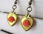 Heart Locket and Coral rose earrings