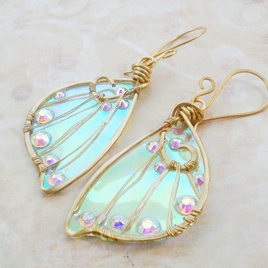 Sidhe Wings Earrings - Daoine Sith in Golden Brass- Iridescent Faery Wing Earrings - Fairy Wings - Fairie Wings