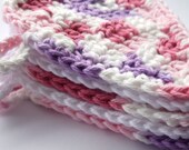 Set of 5 Crocheted Heart Scrubbies - Pink, Purple, and White