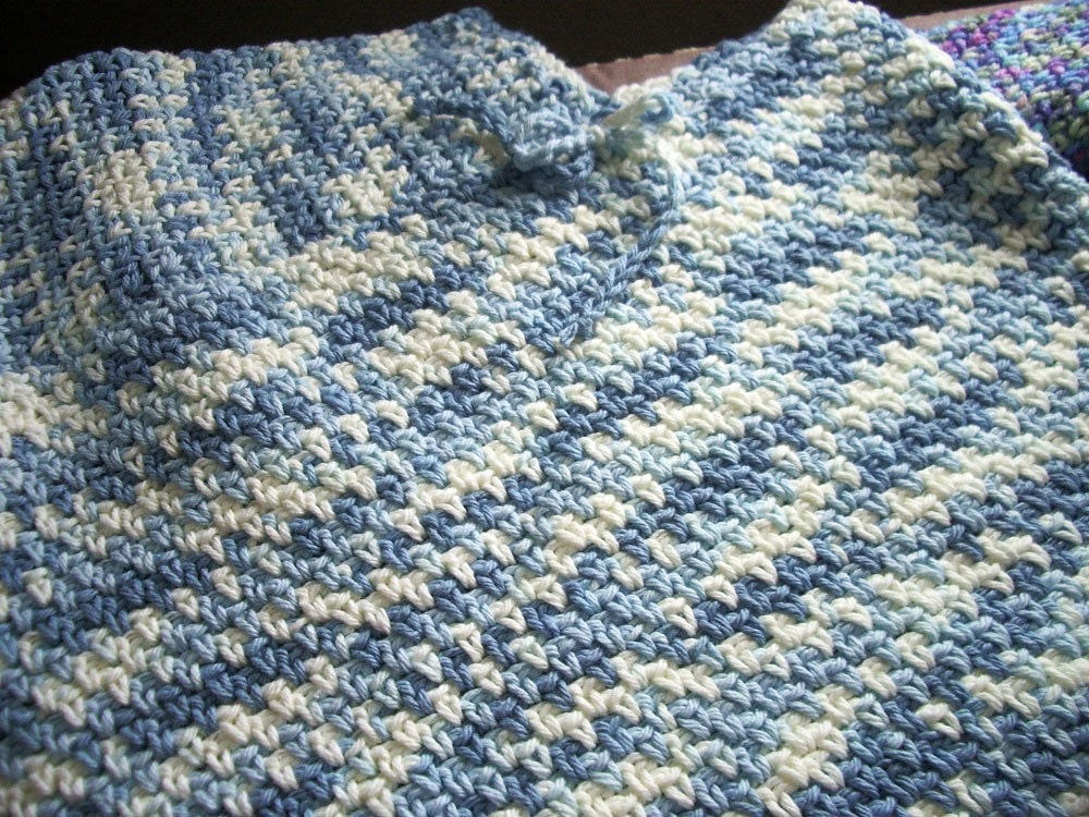 Clearance - Girl's Crocheted Poncho - Cream and  Blue