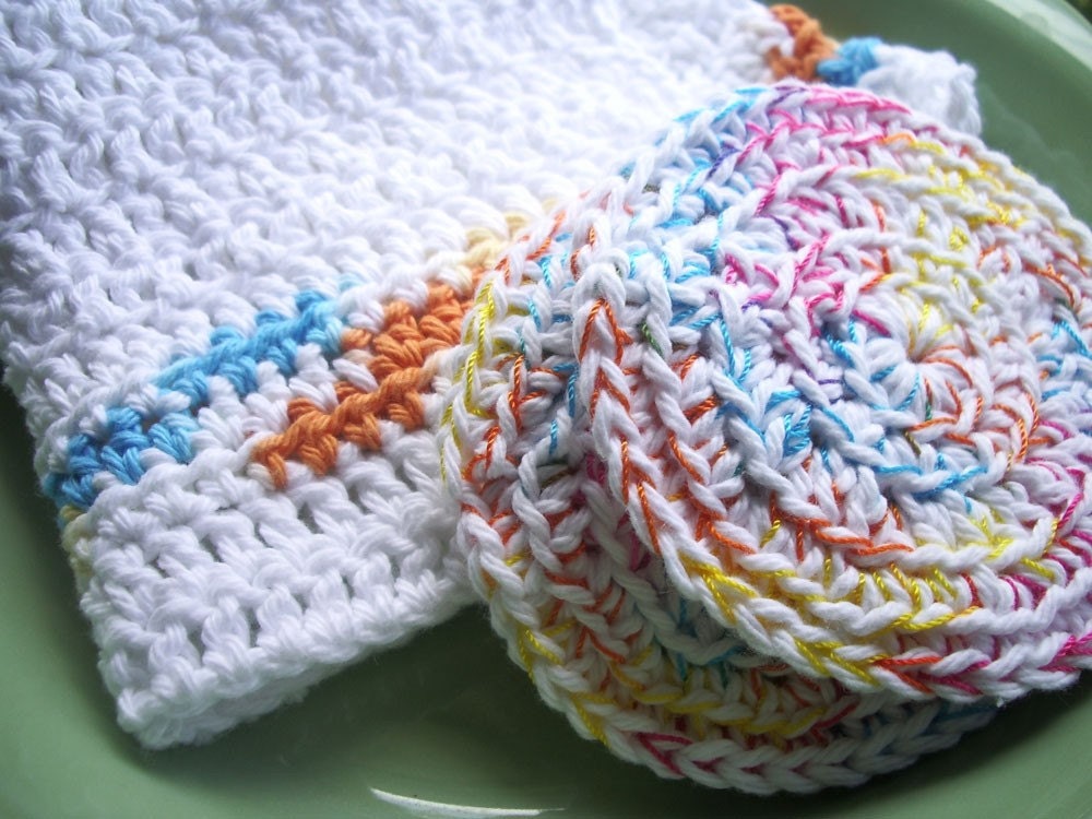 Wash and Dry Kitchen Scrubbies and Towel Set -- White with Orange, Yellow, Pink and Turquoise