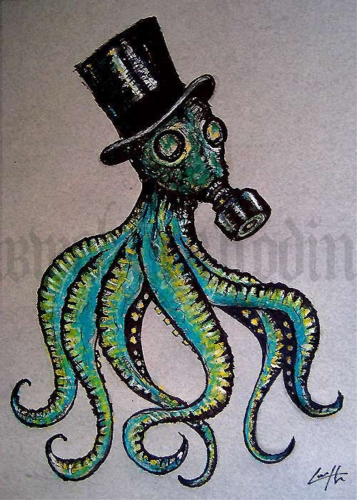 Print 5x7" - 1910 (6 legs)  - Octopus Gas Mask Top Hat Victorian Steampunk Surreal Fantasy Dark Art Gothic Creature Monster