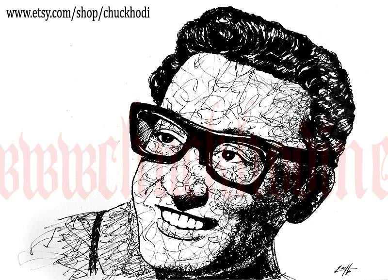 Print 5x7" - Buddy Holly - 50s Rock n Roll Peggy Sue Elvis Rockabilly Vintage Glasses Hipster Nerd Guitar Crickets
