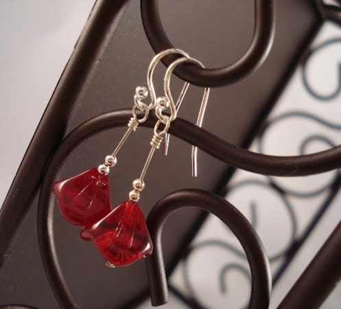 Sterling Silver Red Flower Drop Earrings
