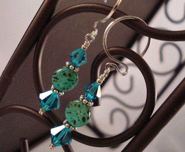 Sterling Silver Teal Swarovski Crystal and Turquoise Earrings