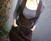 ON SALE-AUX-Cotton Sateen Belted Jumper w/ Pockets and Deep Scoop Neck-Chocolate Brown