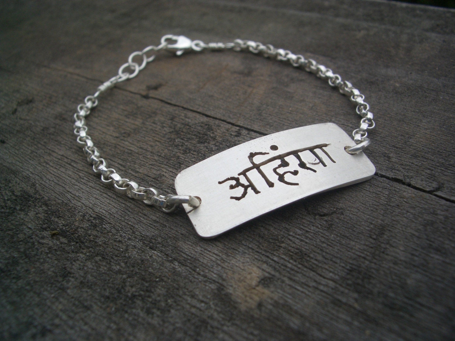 Ahimsa Hand Cut Sanskrit Bracelet by donnaodesigns