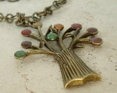 Autumn Tree pendant, Antique Brass, handmade, metallic colors gold, copper, green, crimson, double strand chain necklace