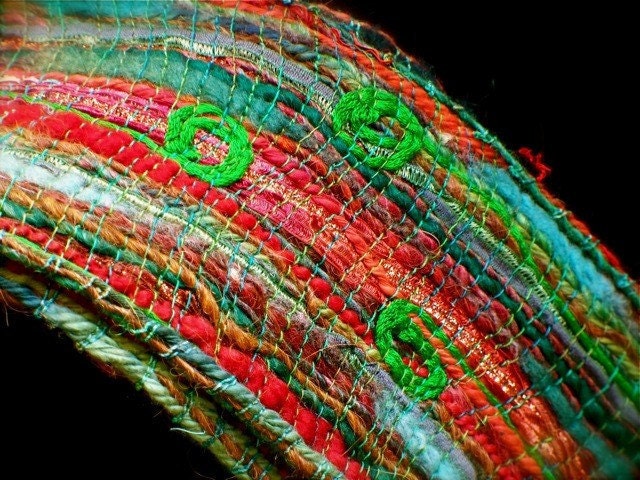 Spring Ferns fashion scarf for X-Stream Fibers in Rust reds and grass greens