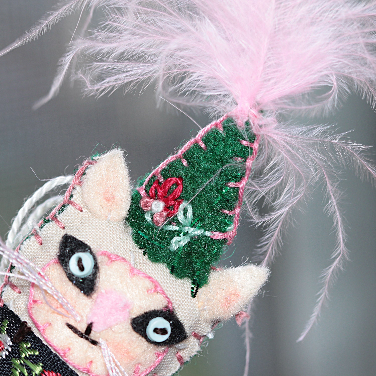 Icelandic - Norse Inspired Embroidered Green and Beige Party Elf Kitty - Quilty Critter Cat