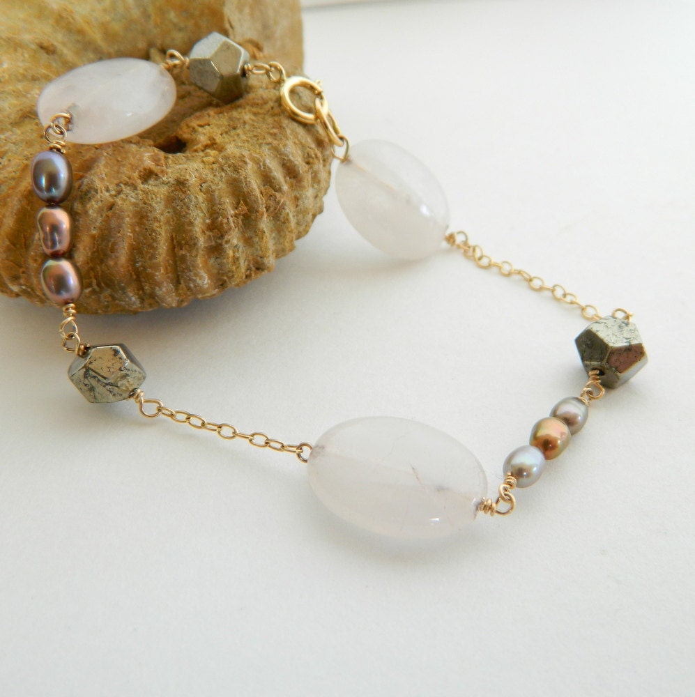 Pink Quartz, Pearl and Pyrite Bracelet