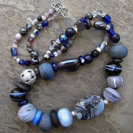 blue beaded necklace or artisan lampwork necklace-- on the blue shore of silence-- handmade by thebeadedlily on etsy