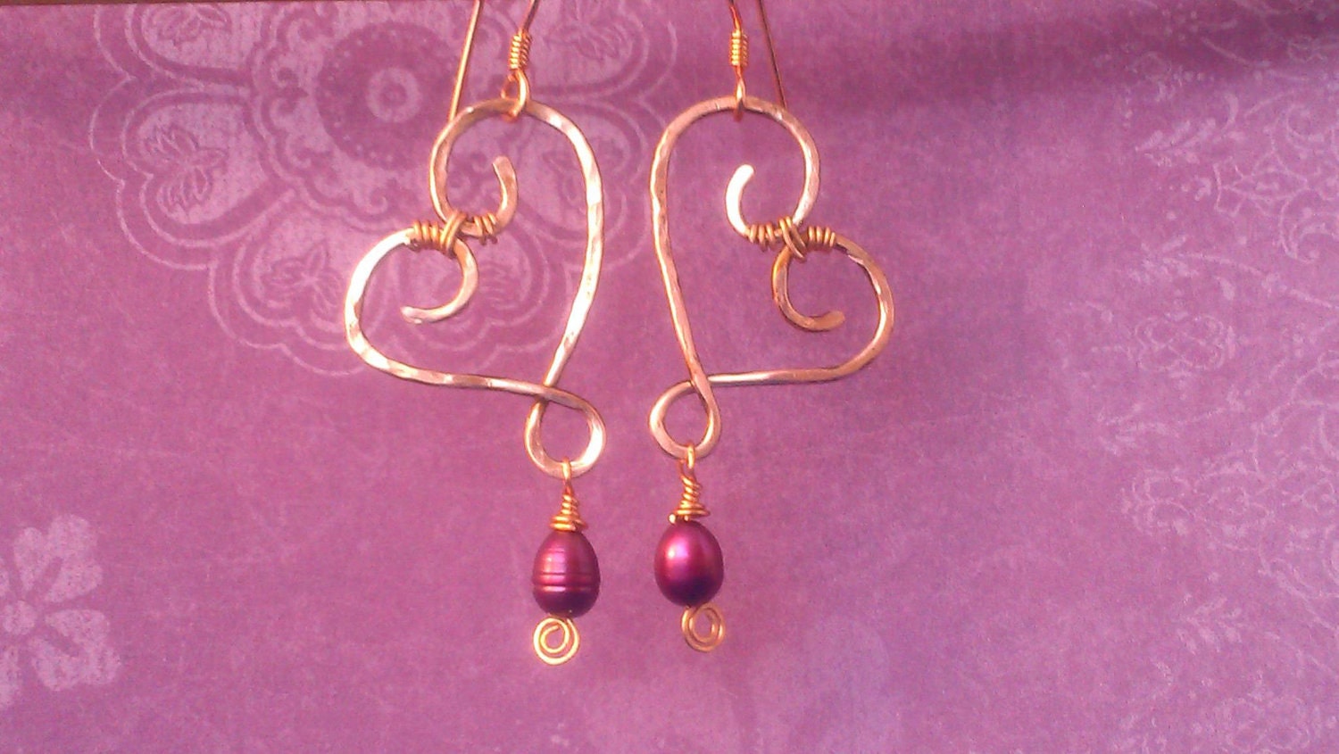 Heart dangle earrings, copper wire hearts, wire wrapped heart earrings - Available in Gold Too