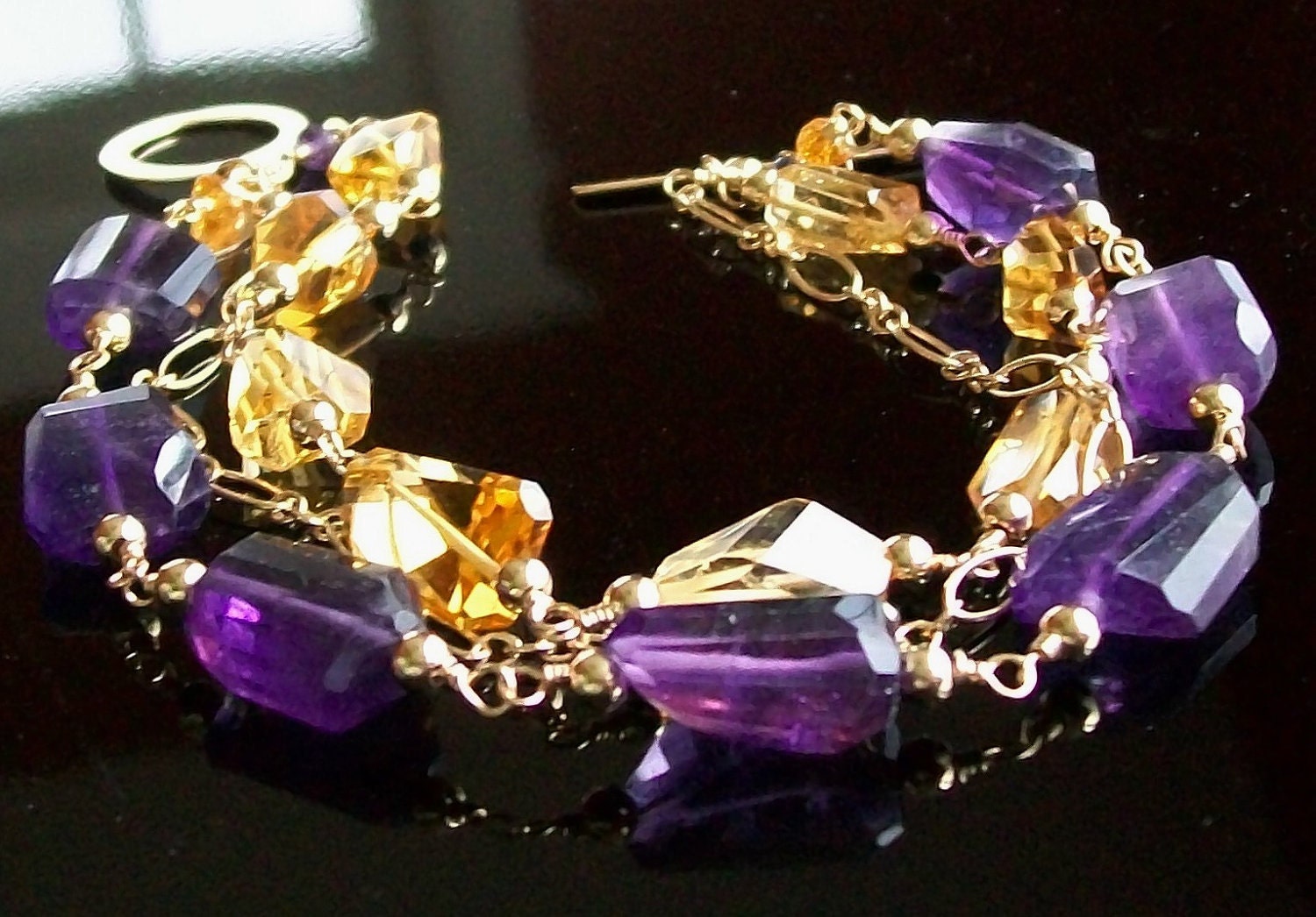 Amethyst Citrine 14kt GF Triple Strand Bracelet