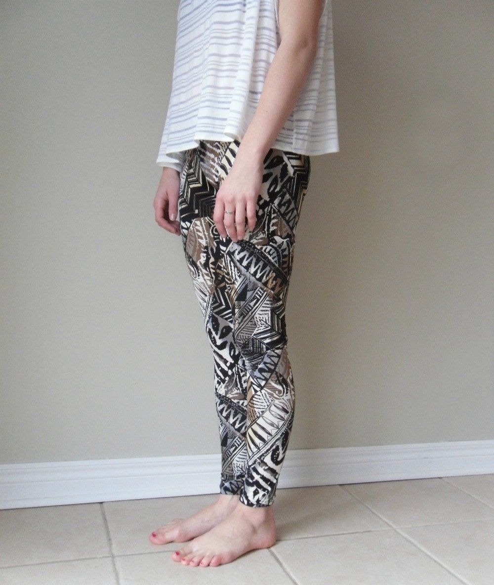 Leggings. Tribal print.  Brown, black, grey and white. xs, s, m, l