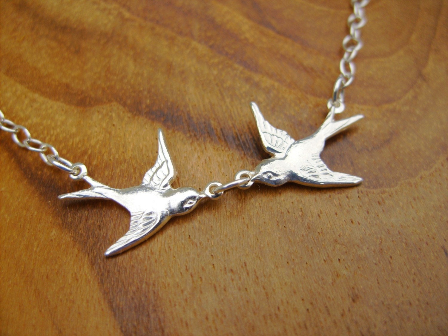 Sterling Kissing Sparrow Pretty Love Birds Necklace- Sweet Sterling Chain with a Secure Sterling Spring Clasp