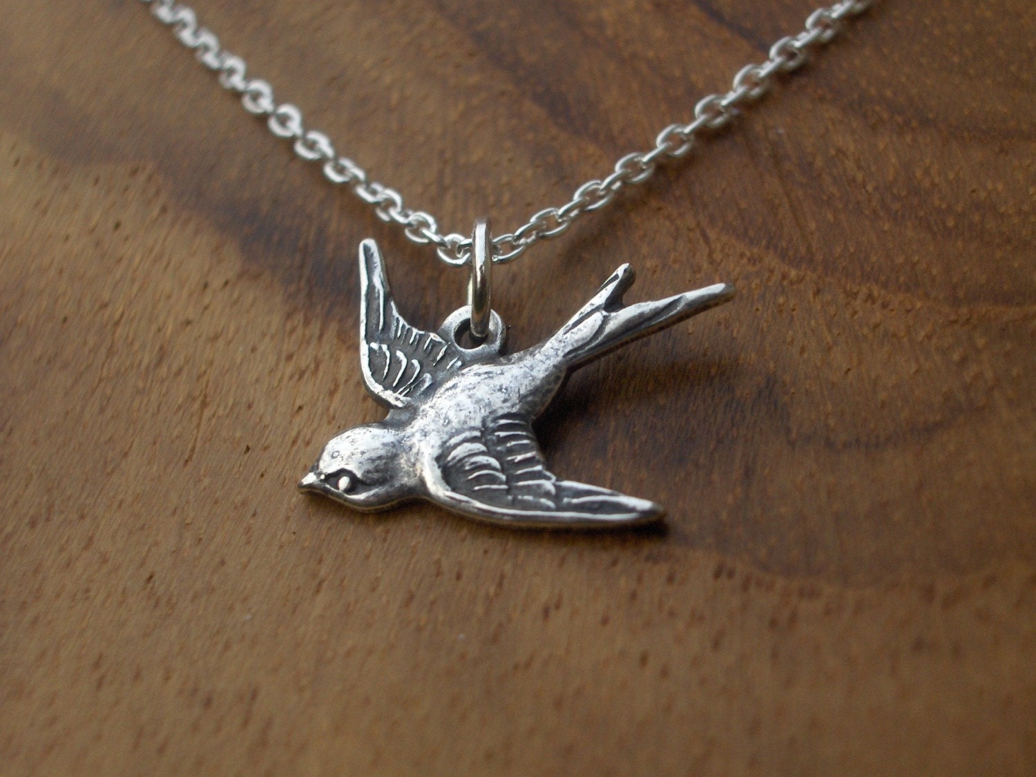 Silver Simple Sparrow Necklace- Pretty Sterling Silver over Brass Bird Classic Pendant on Dainty Sterling Silver Chain with Secure Clasp
