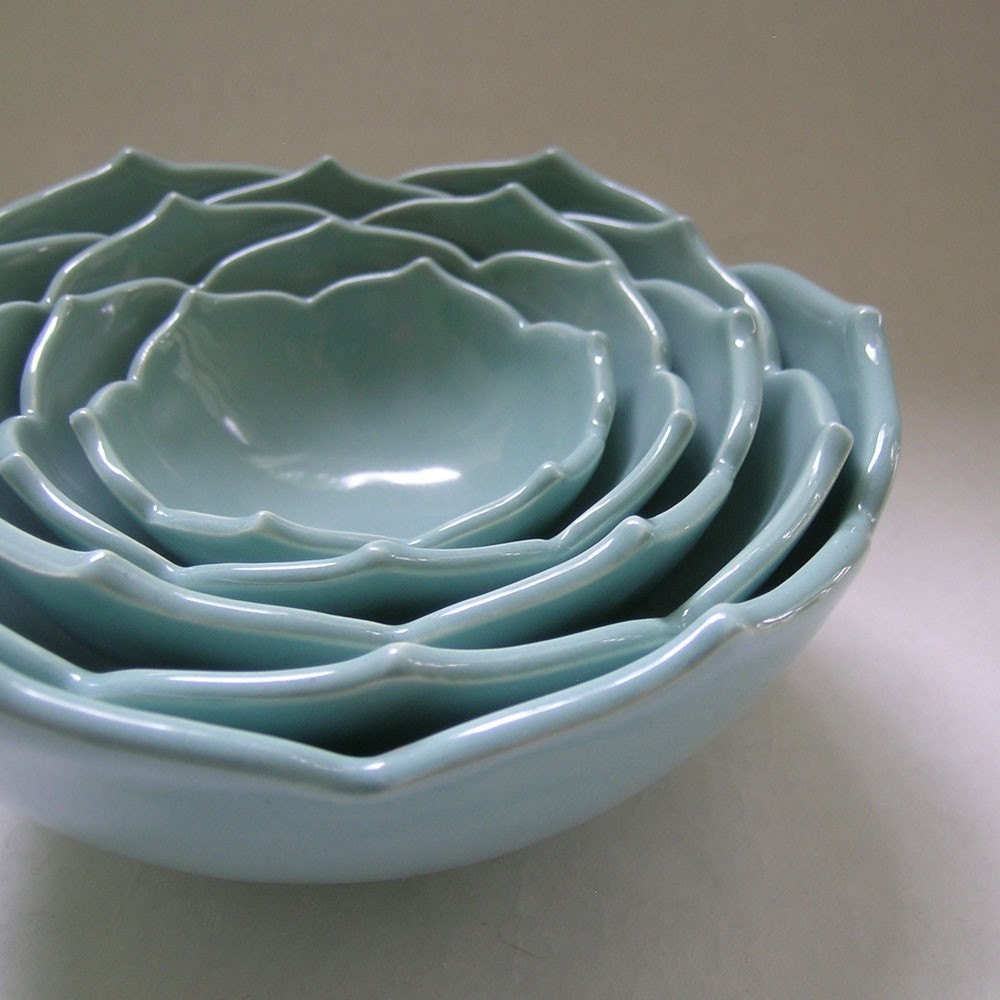 Nesting Ceramic Bowls in Robin Egg Blue Set of Five Lotus Bowls