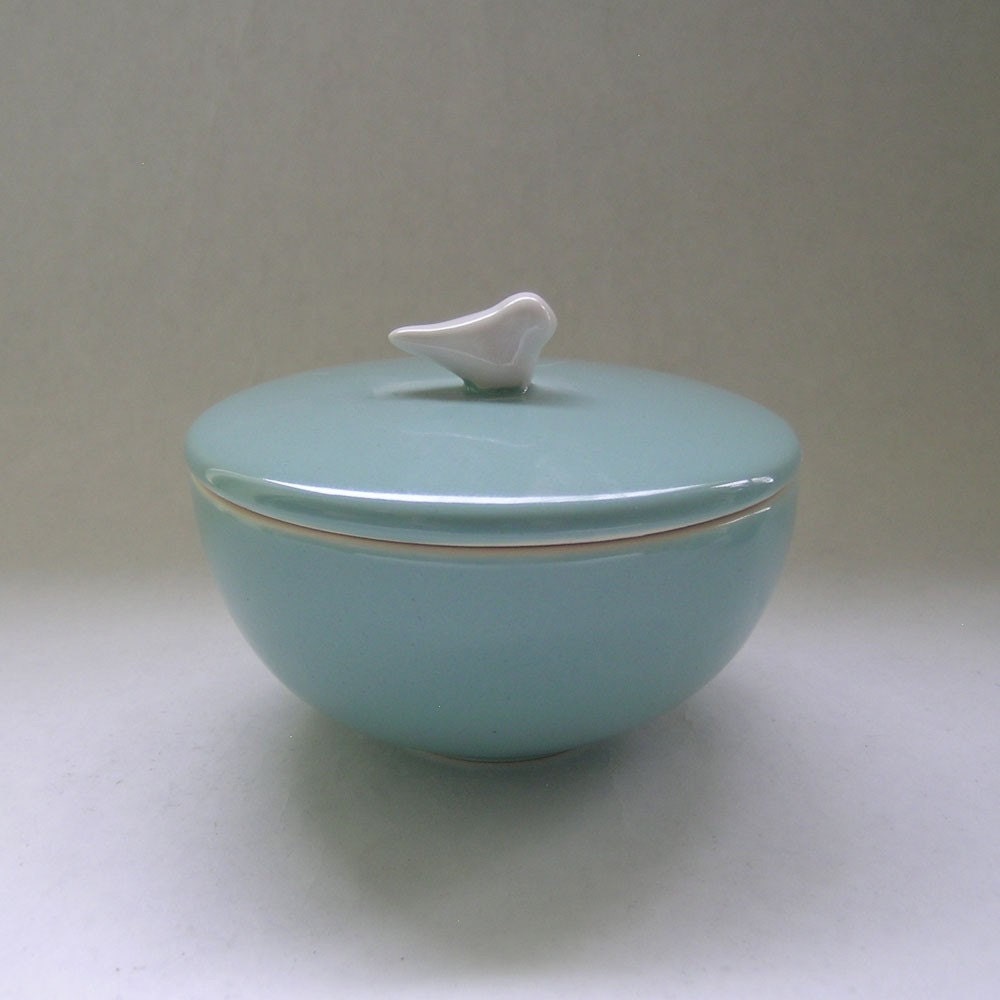 Bird Ceramic Lidded Vessel with Bird in Robin Egg Blue with White Bird