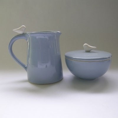Ceramic Sugar and Creamer  Set with Bird in Wedgewood Blue