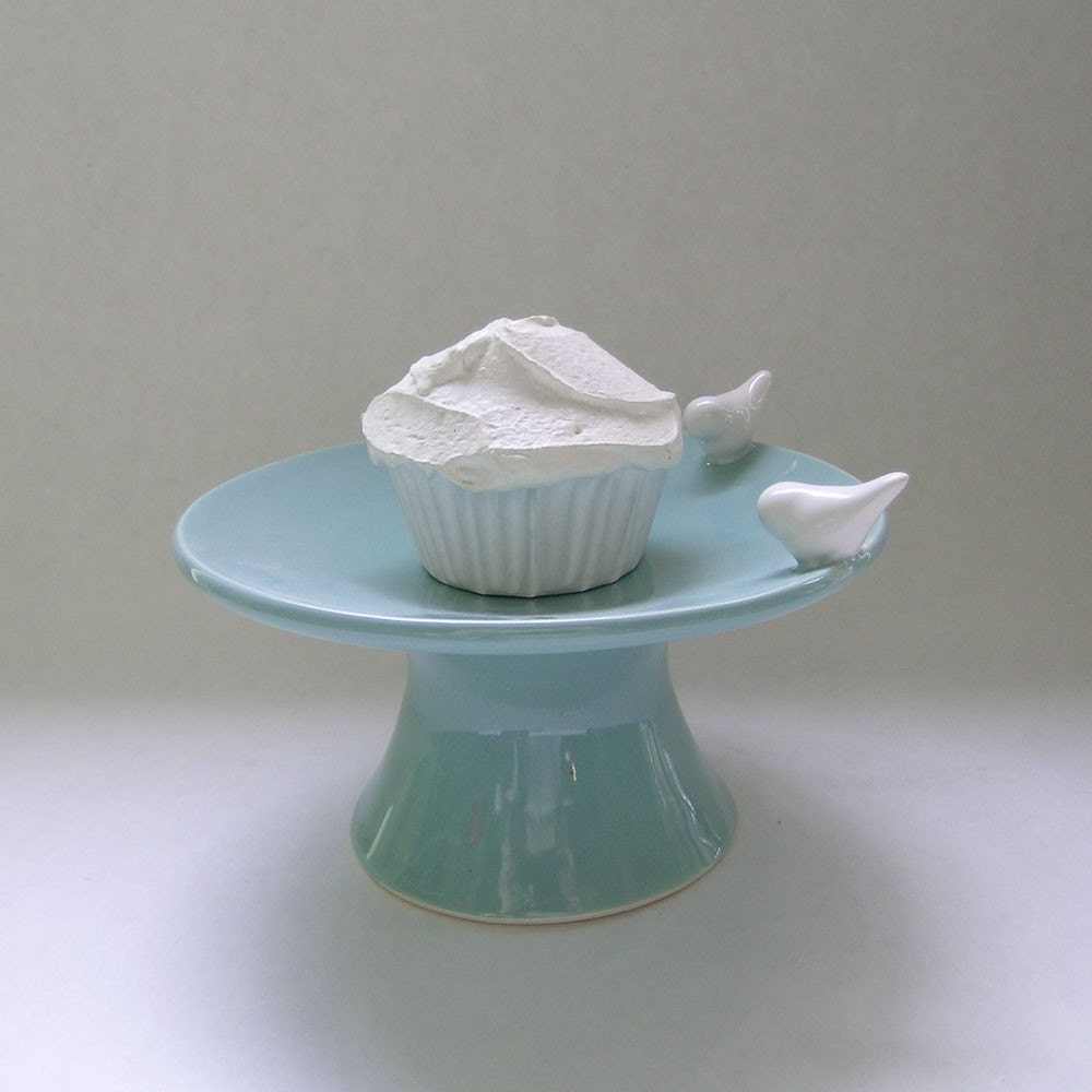 Ceramic Cupcake Ceramic Stand with Bird in Robin Egg Blue