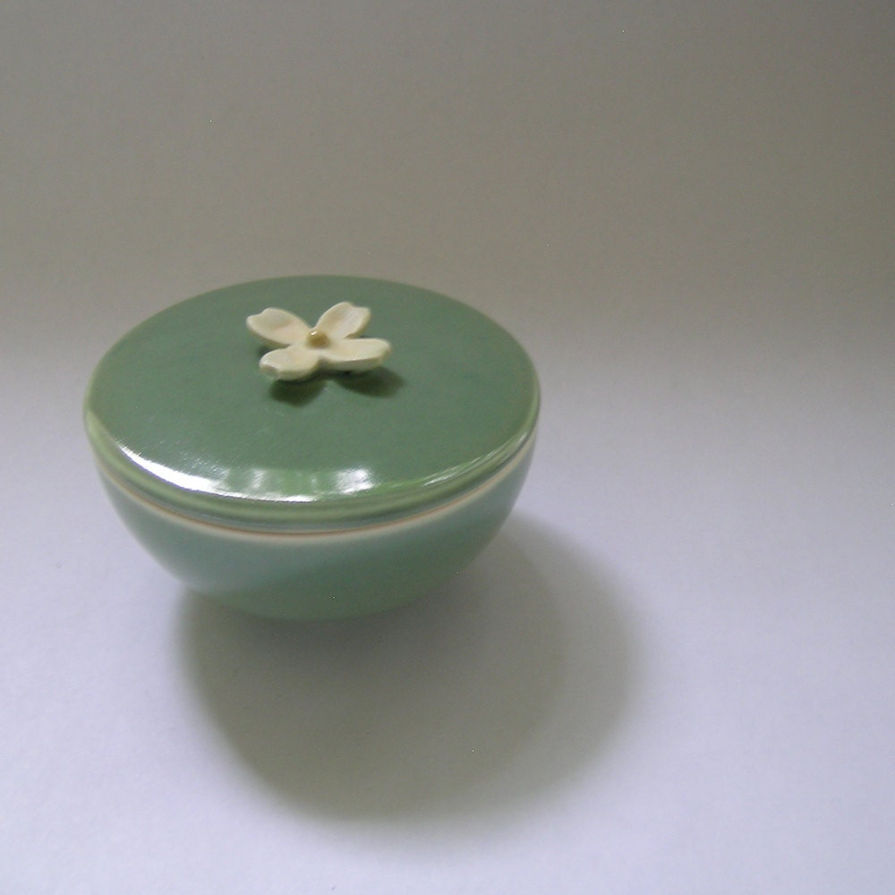 Ceramic Lidded Vessel with Dogwood Flower in Green