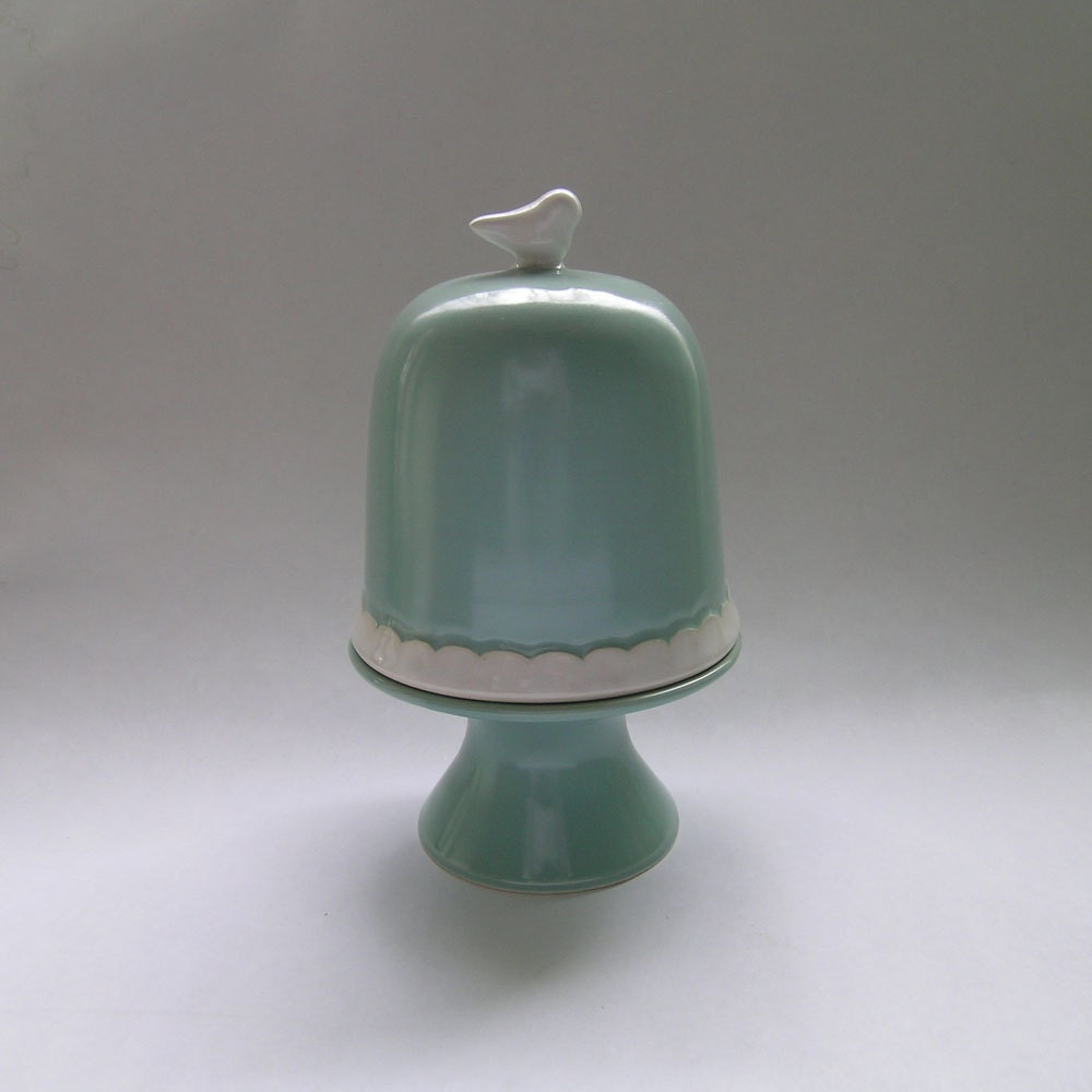 Bird Ceramic Cupcake Stand with Scallop Bell Jar in Robin Egg Blue