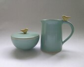 Bird Sugar Bowl and Creamer Ceramic Set in Robin Egg Blue for Entertaining, Hostess, Kitchen, Dining