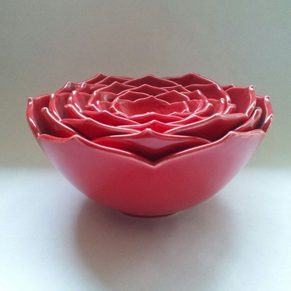 Eight Nesting Lotus Ceramic Bowls in Red