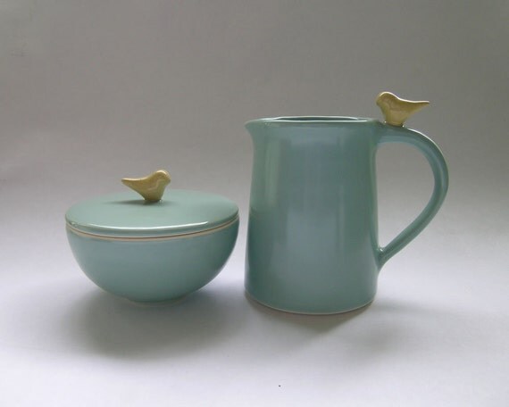 Bird Sugar Bowl and Creamer Ceramic Set in Robin Egg Blue for Entertaining, Hostess, Kitchen, Dining