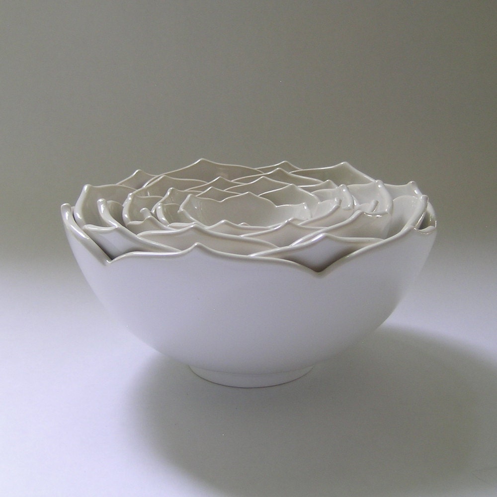Seven Nesting Lotus Ceramic Bowls in Milk White