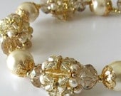 Beaded bead bracelet, cream glass pearls, swarovski crystals, 14k gold filled clasp, beaded jewelry,Sparkling Champagne
