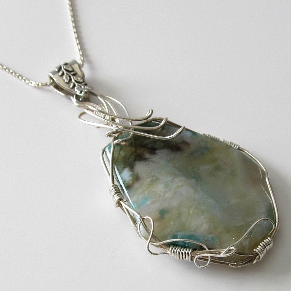 Pendant necklace agate gemstone wire wrapped, sterling silver chain, beaded jewelry,  Lorraine