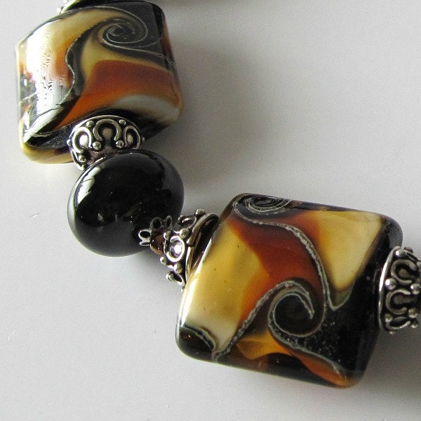Lampwork beaded bracelet, black, cream, caramel, sterling silver, Mocha Valencia, beaded jewelry