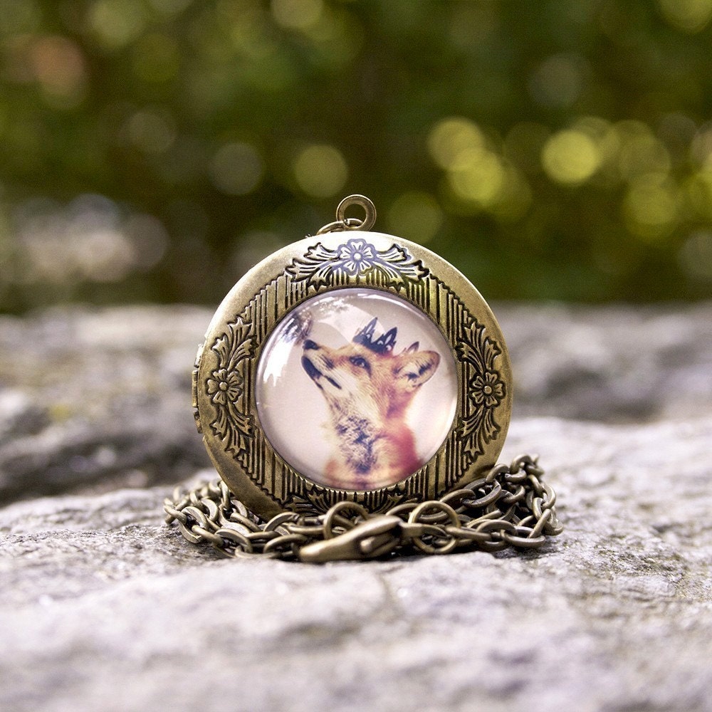 The Little Fox Prince Locket, Antique Brass Locket Necklace, 24 Inch Chain, Woodland Creatures