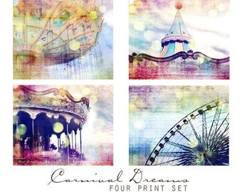 Carnival Dreams, Set of Four 5x5 Inch Prints -  Nursery Decor Wall Art Grouping, Carnival Art