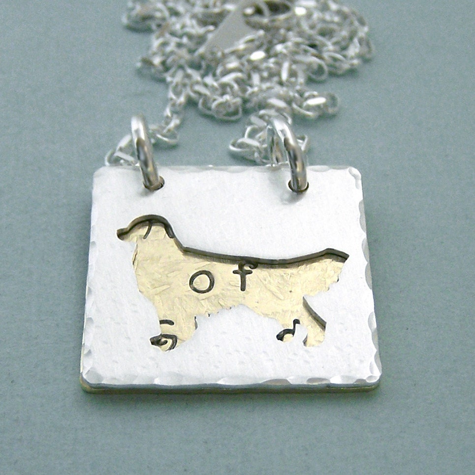 Golden Retriever Necklace - Heart of Gold - Flip Chart Style - Pierced Sterling Silver and Hand Stamped Brass