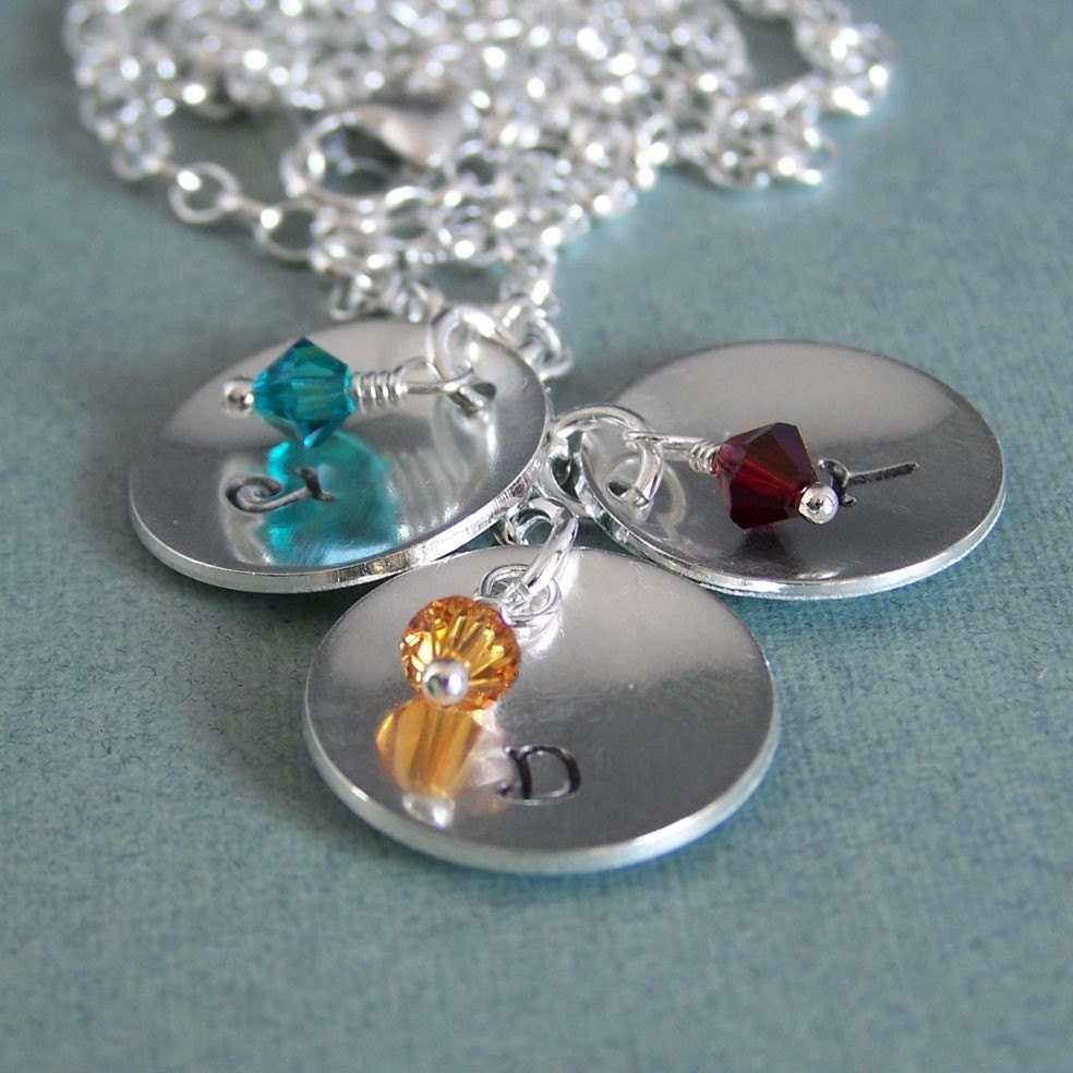 Personalized Mother Necklace - Hand Stamped Initials on Domed Discs - Sterling Silver and Swarovski Crystal - Three's Company