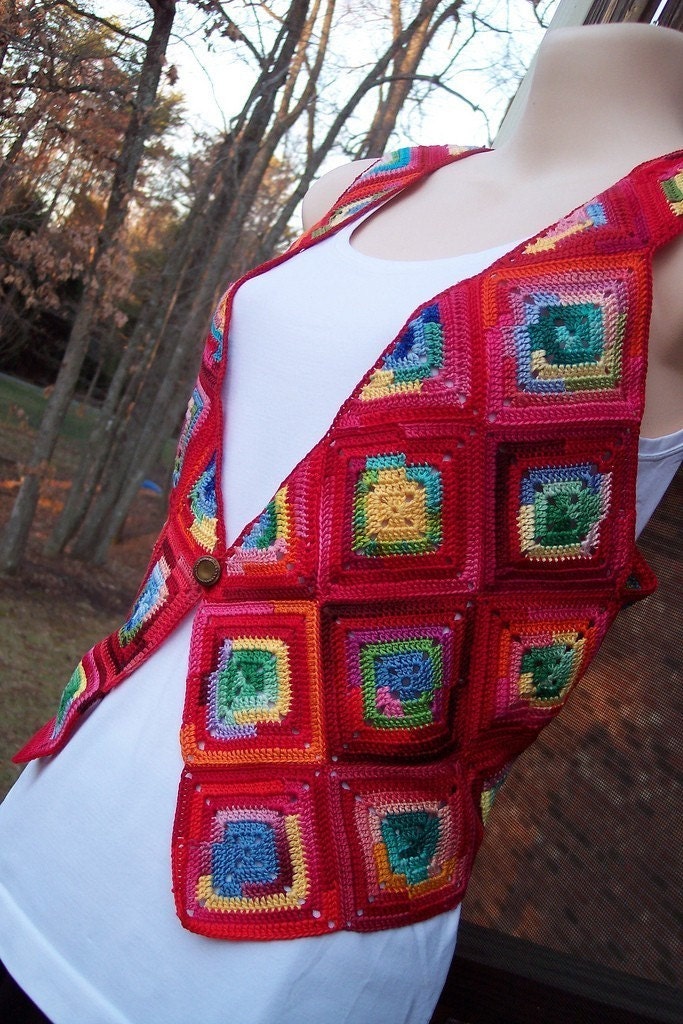 Red Granny Square Crocheted Vest - PDF Crochet Pattern