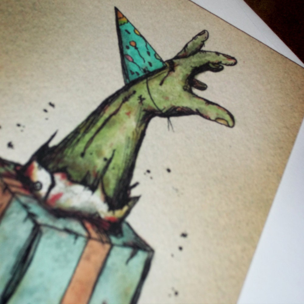 ZOmbie Happy Birthday Card bursting from the Gift  5x7 Greeting Card Blank inside by Agorables Rulers of the Undead