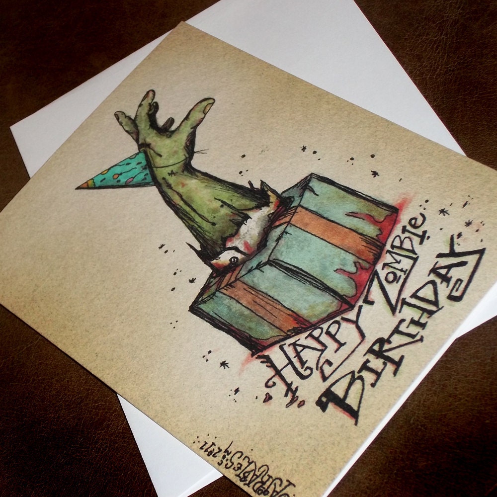Zombie Party  Card Happy Birthday bursting from the Gift  5x7 Greeting Card Blank inside by Agorables Rulers of the Undead