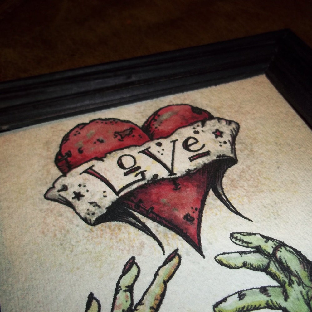 Zombie Anniversary Romantic Print "The Kiss" Love  5x7 Art Print by Agorables Undead  Valentine's Day