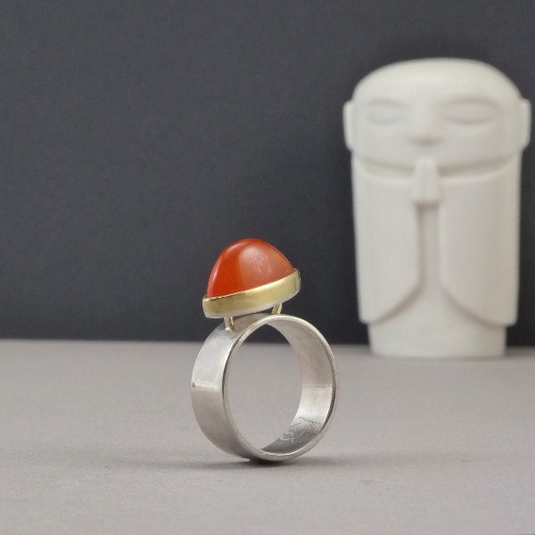 Asymmetrical Ring, Carnelian Ring, Two Tone, Orange Gemstone Ring