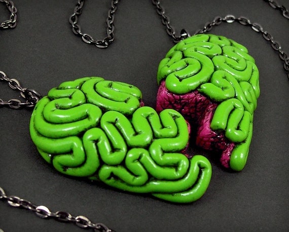 I Heart Brains Best Friends Necklace Set, original split zombie brain heart BFF necklaces