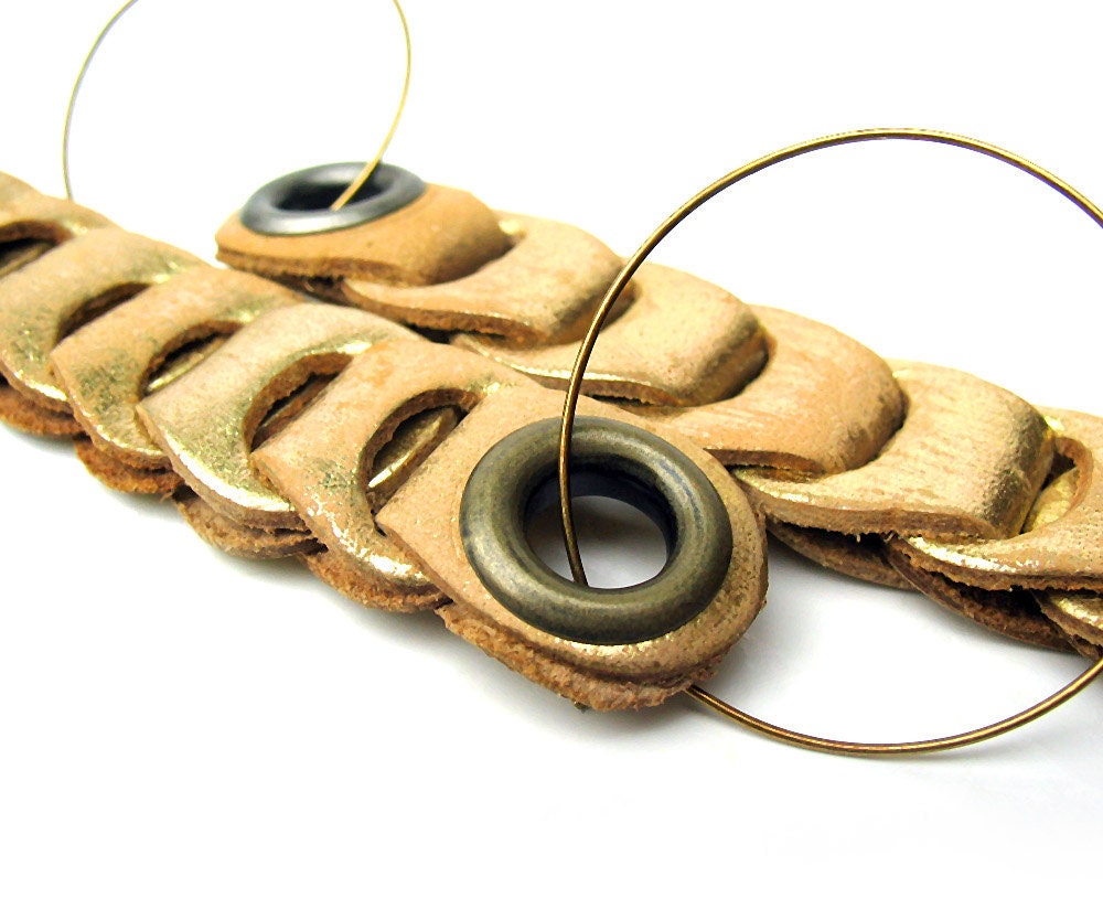 Hoop Earrings with Rustic Golden Leather Links, Shoulder Duster, Unique, Eco Friendly, OOAK